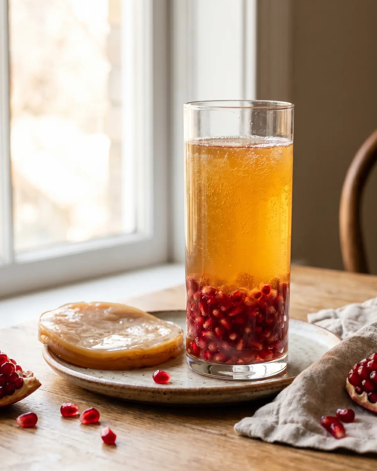 scoby Vaso vertical de kombucha con granada, semillas en el fondo y luz natural entrando por una ventana.