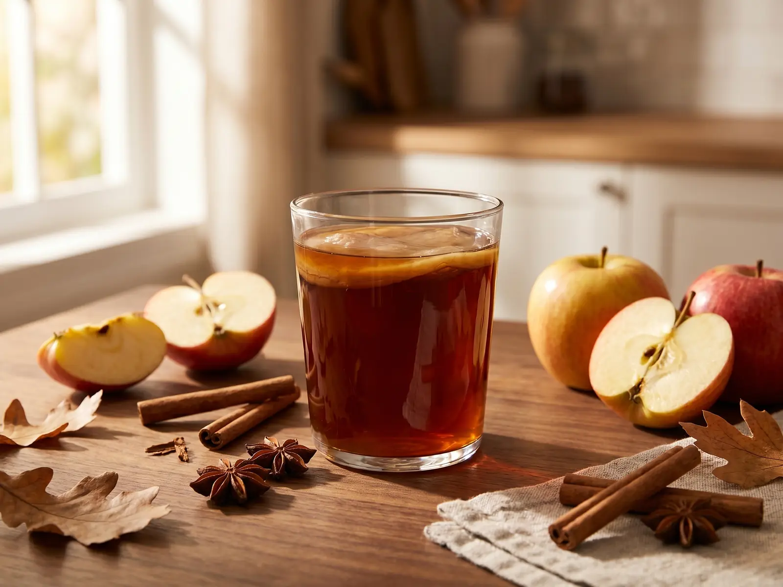 Vaso de kombucha oscura con manzana y canela sobre una mesa de nogal en un bodeg&oacute;n oto&ntilde;al.