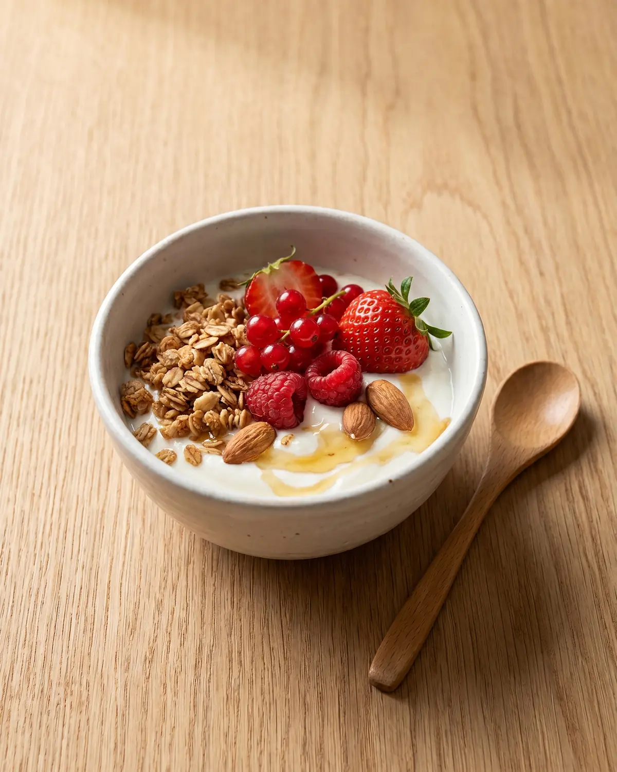honguitos para hacer yogurt Bowl de desayuno con yogur, frutos rojos, granola y almendras, preparado para tomar con cuchara.