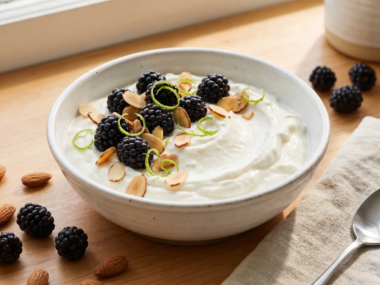 como se hace el yogurt casero Bowl de yogur con moras, almendras laminadas y ralladura de lima junto a una ventana.