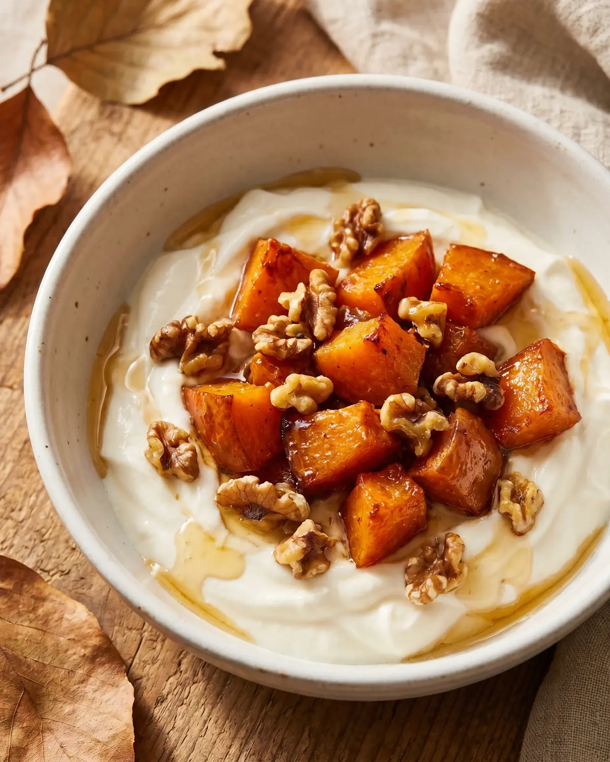 como hacer yogur griego Detalle de yogur con calabaza asada y nueces sobre cerámica blanca en tonos otoñales suaves
