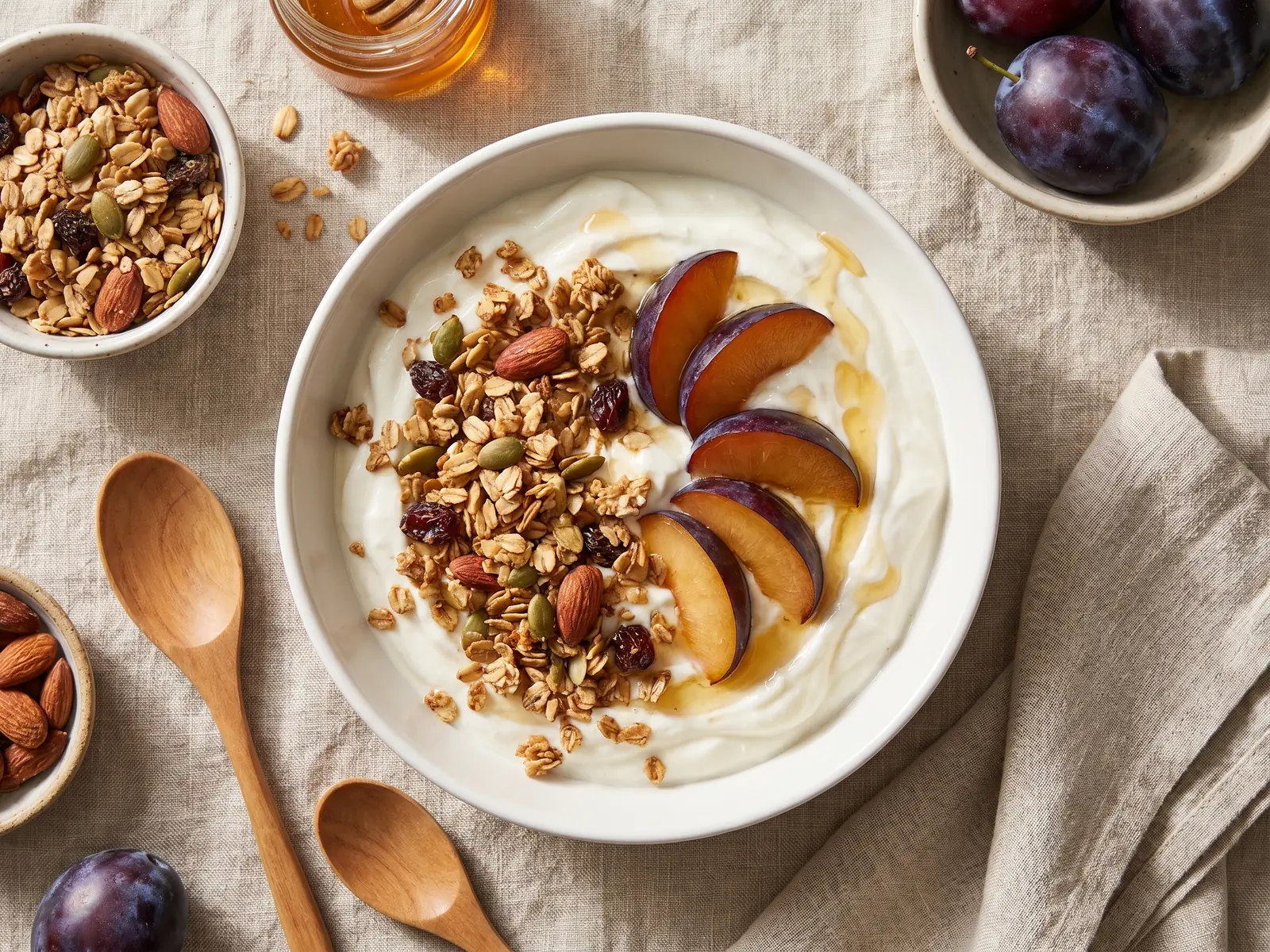 Cuenco de yogur con granola casera y ciruelas sobre lino crudo, visto desde arriba.