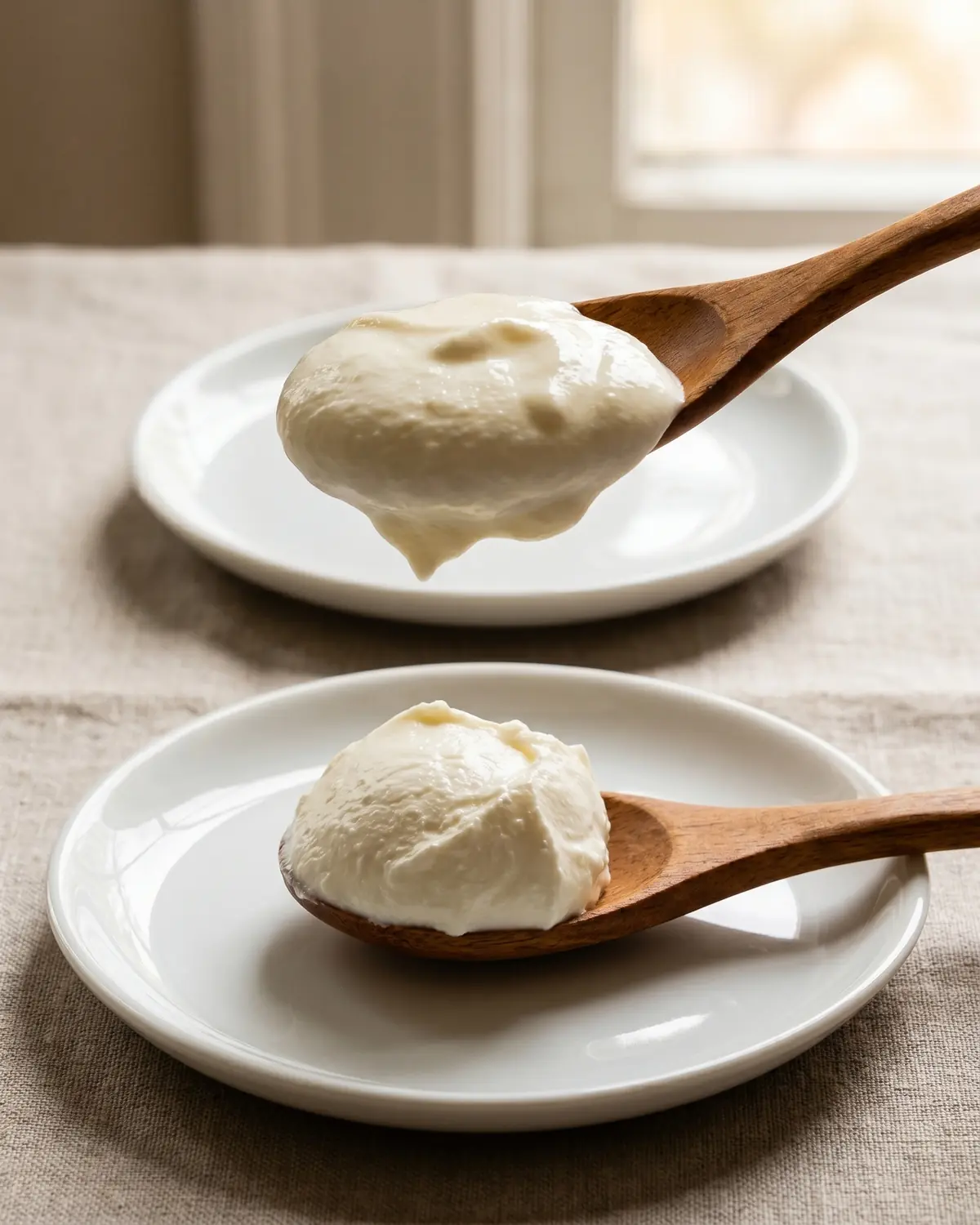 Dos cucharadas comparan un yogur cremoso y otro m&aacute;s firme sobre platos blancos en formato vertical.