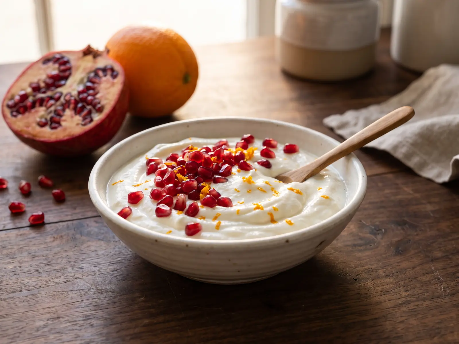 Cuenco de yogur con granada abierta y ralladura de naranja sobre una mesa de nogal oscuro.