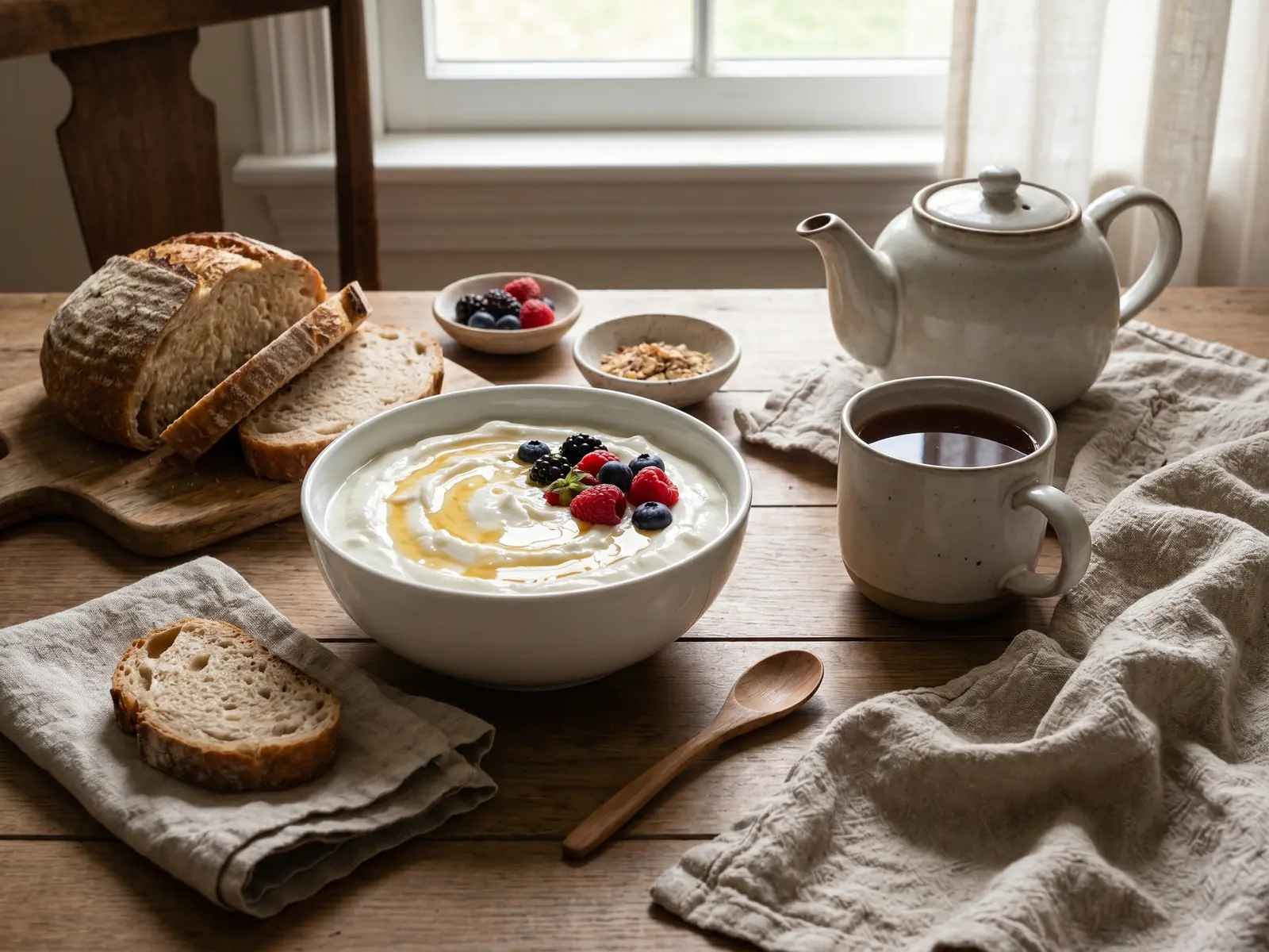 Bodeg&oacute;n de desayuno con yogur en cuenco de cer&aacute;mica blanca, t&eacute;, pan r&uacute;stico y lino arrugado.