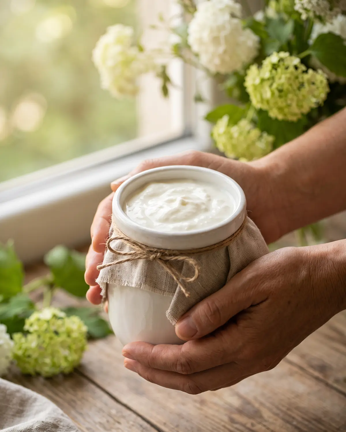 Dos manos sostienen un tarro de yogur regalado sobre lino, con flores verdes desenfocadas al fondo.