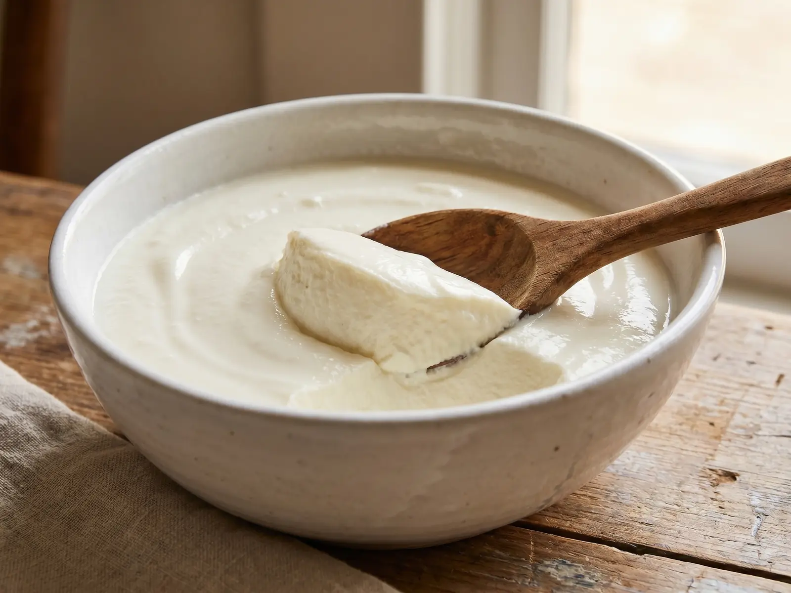 Yogur firme servido en un cuenco blanco, cortado con cuchara de madera y textura densa visible.