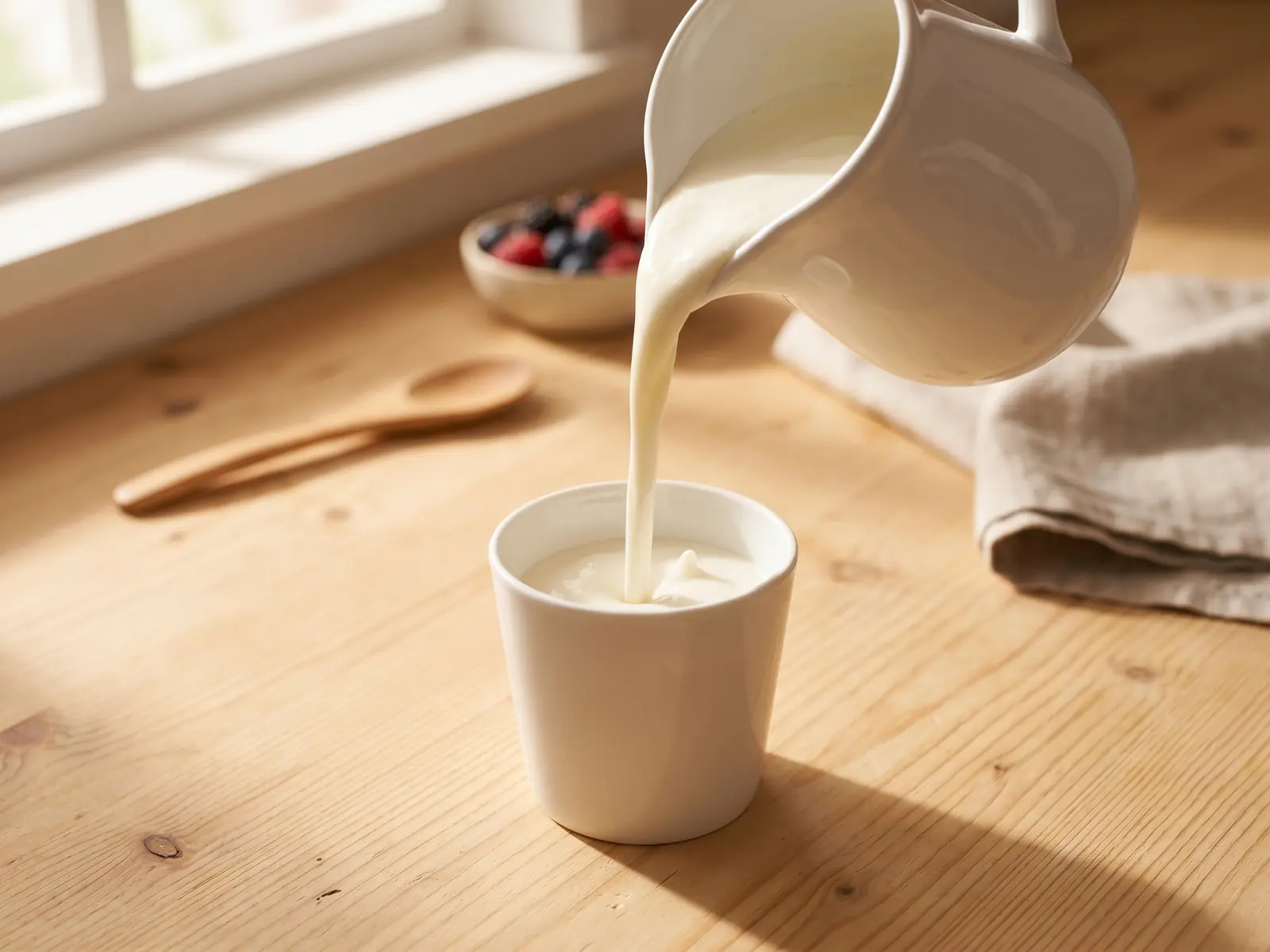 Jarra cer&aacute;mica vertiendo yogur cremoso en un vaso blanco sobre una encimera de pino