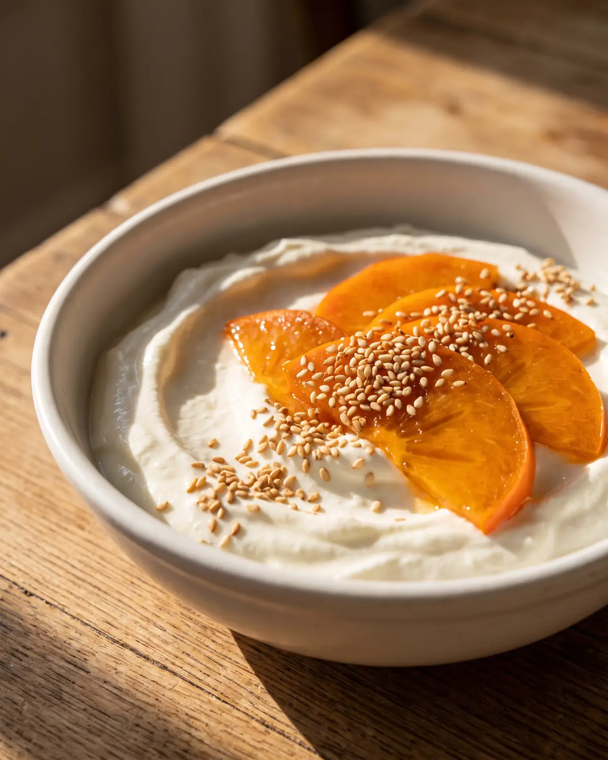 yogur kéfir beneficios Primer plano de caqui brillante sobre yogur espeso con sésamo tostado y sombra de ventana.