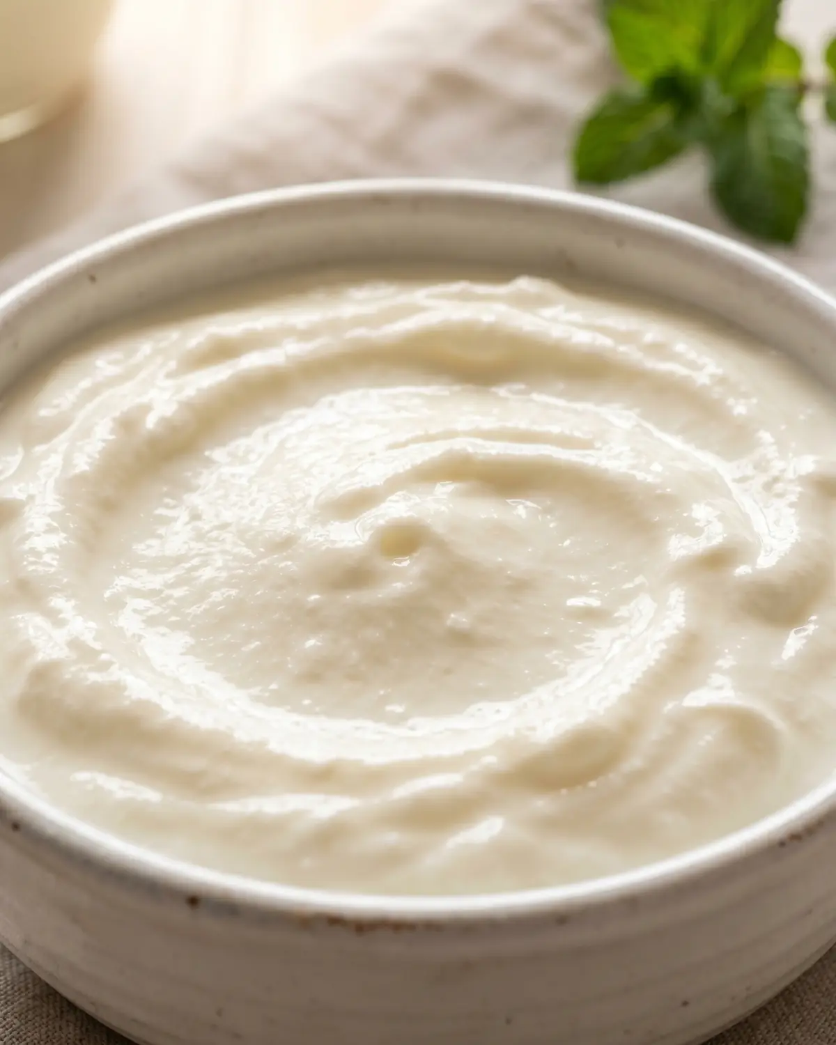 como hacer yogur en yogurtera Macro de yogur cremoso en cerámica blanca, con remolino central y brillo natural en la superficie.