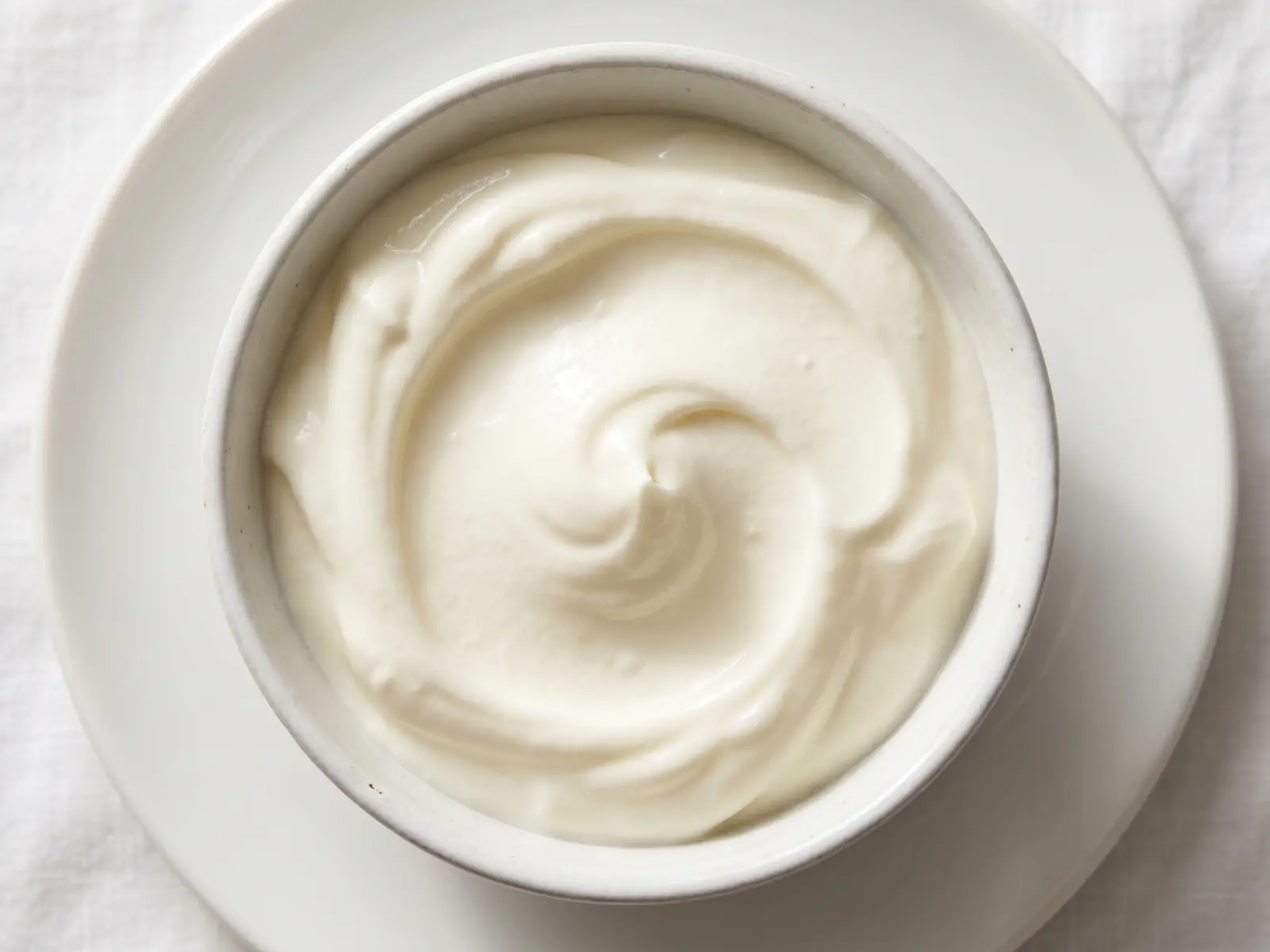 Remolino de yogur cremoso en un plato blanco, con luz cenital y textura suave y uniforme.