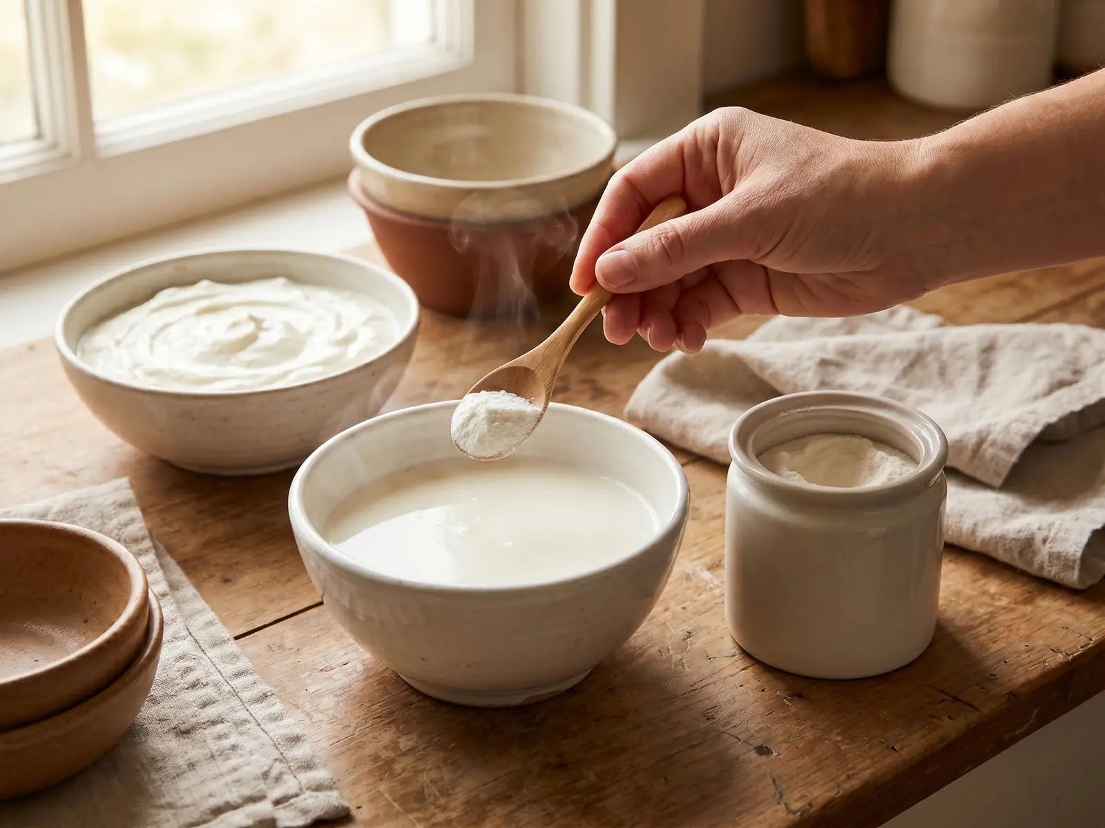Mano a&ntilde;adiendo una cucharada de yogur madre a leche tibia en un cuenco blanco sobre la mesa.