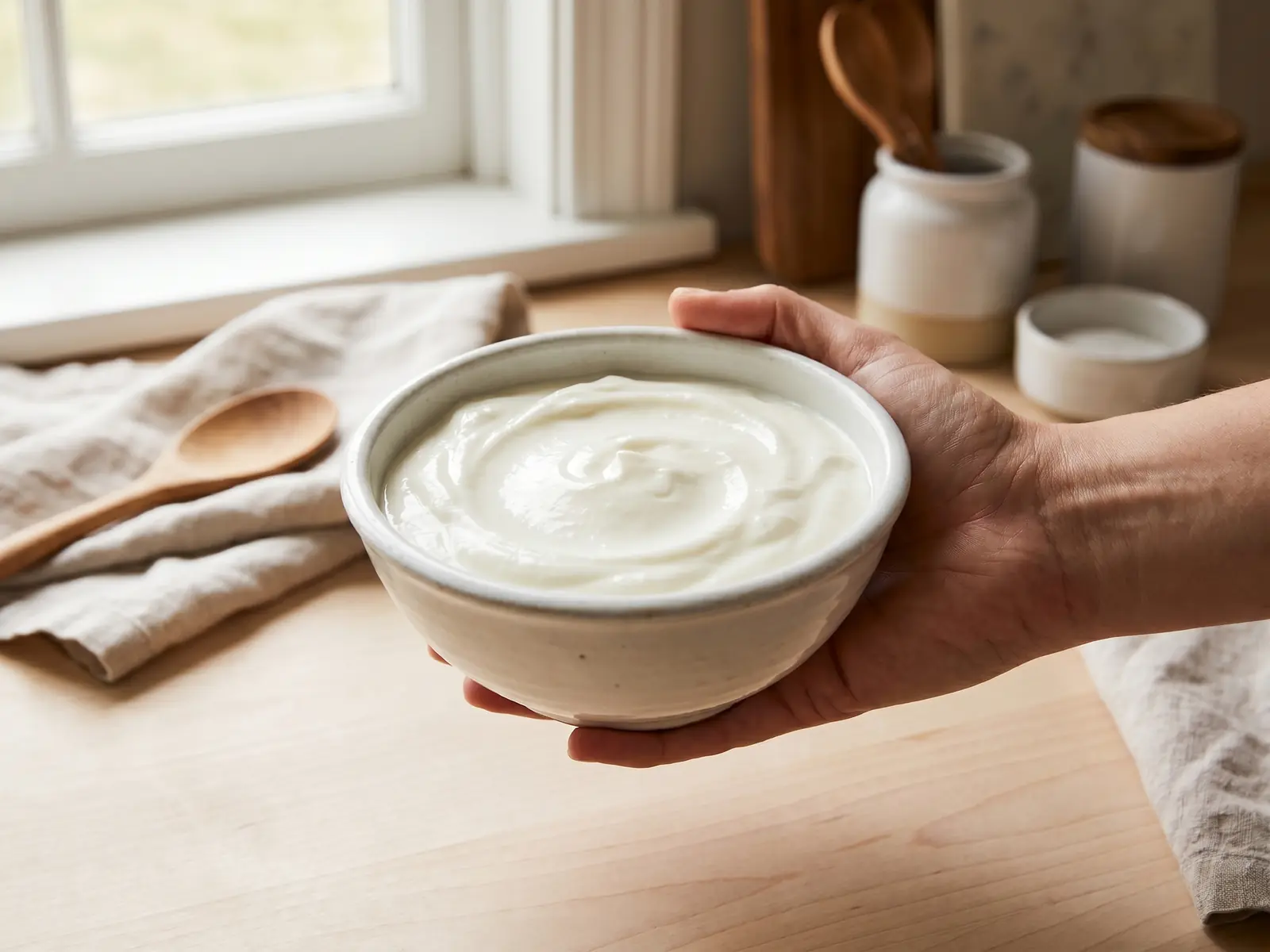 Mano sosteniendo un cuenco blanco con yogur natural sobre una mesa clara en una cocina luminosa.
