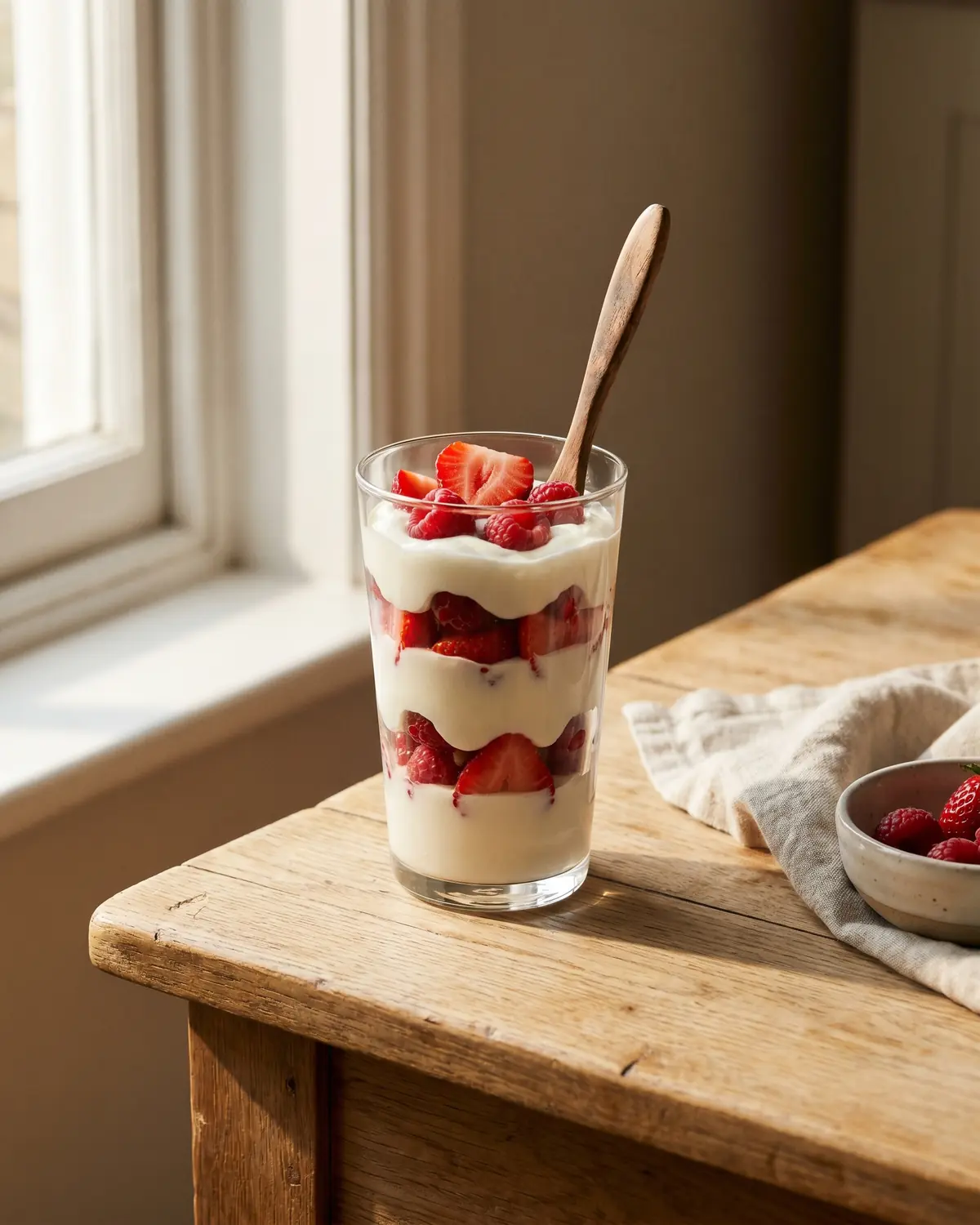 Vaso alto con parfait de yogur y frutos rojos en capas, servido como desayuno o postre cremoso.