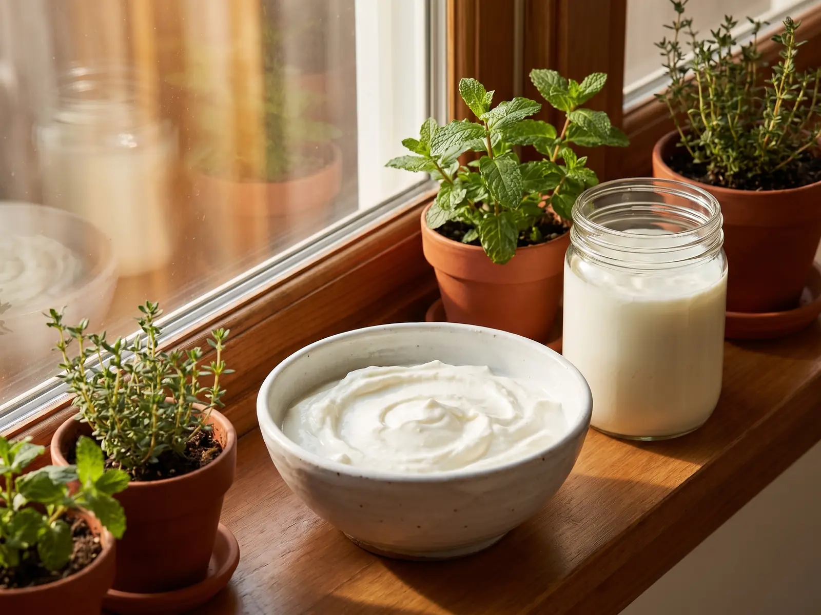se puede mezclar yogur con kéfir Cuenco blanco con yogur en un alfeizar luminoso, junto a macetas con hierbas y reflejos suaves.