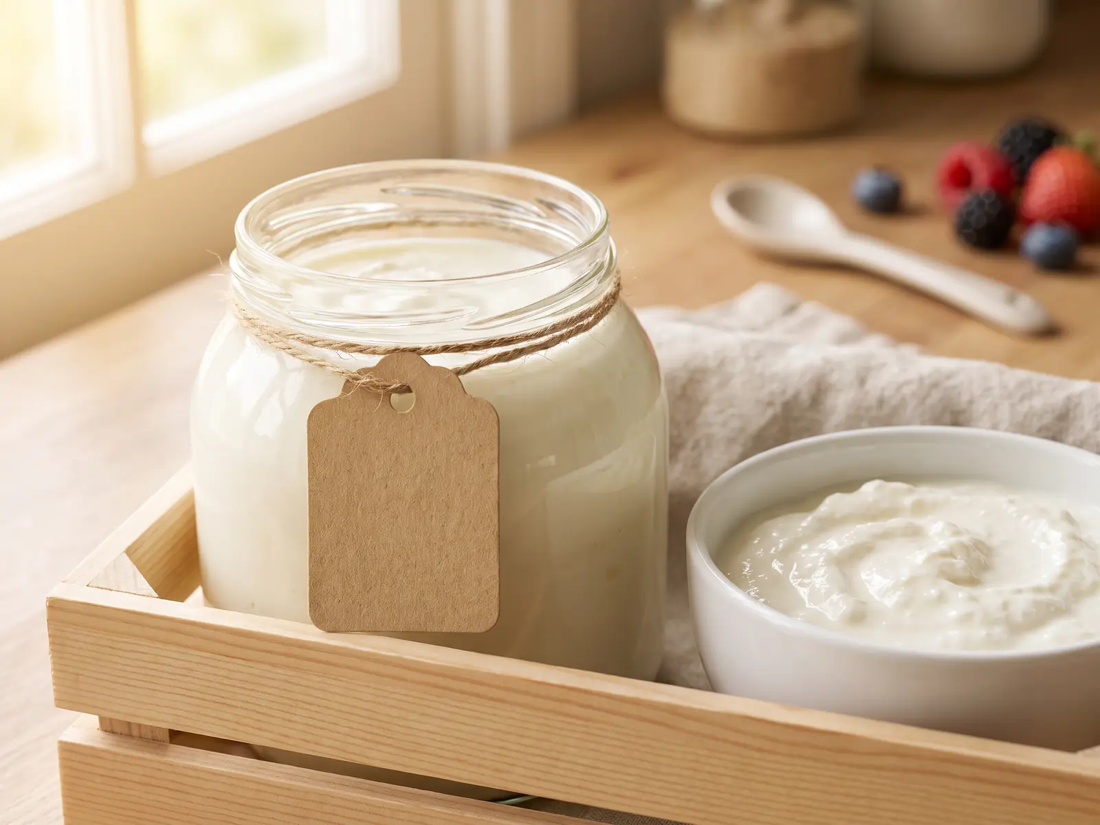 Tarro ancho de yogur en una caja de madera clara, con etiqueta sin texto atada con cordel.