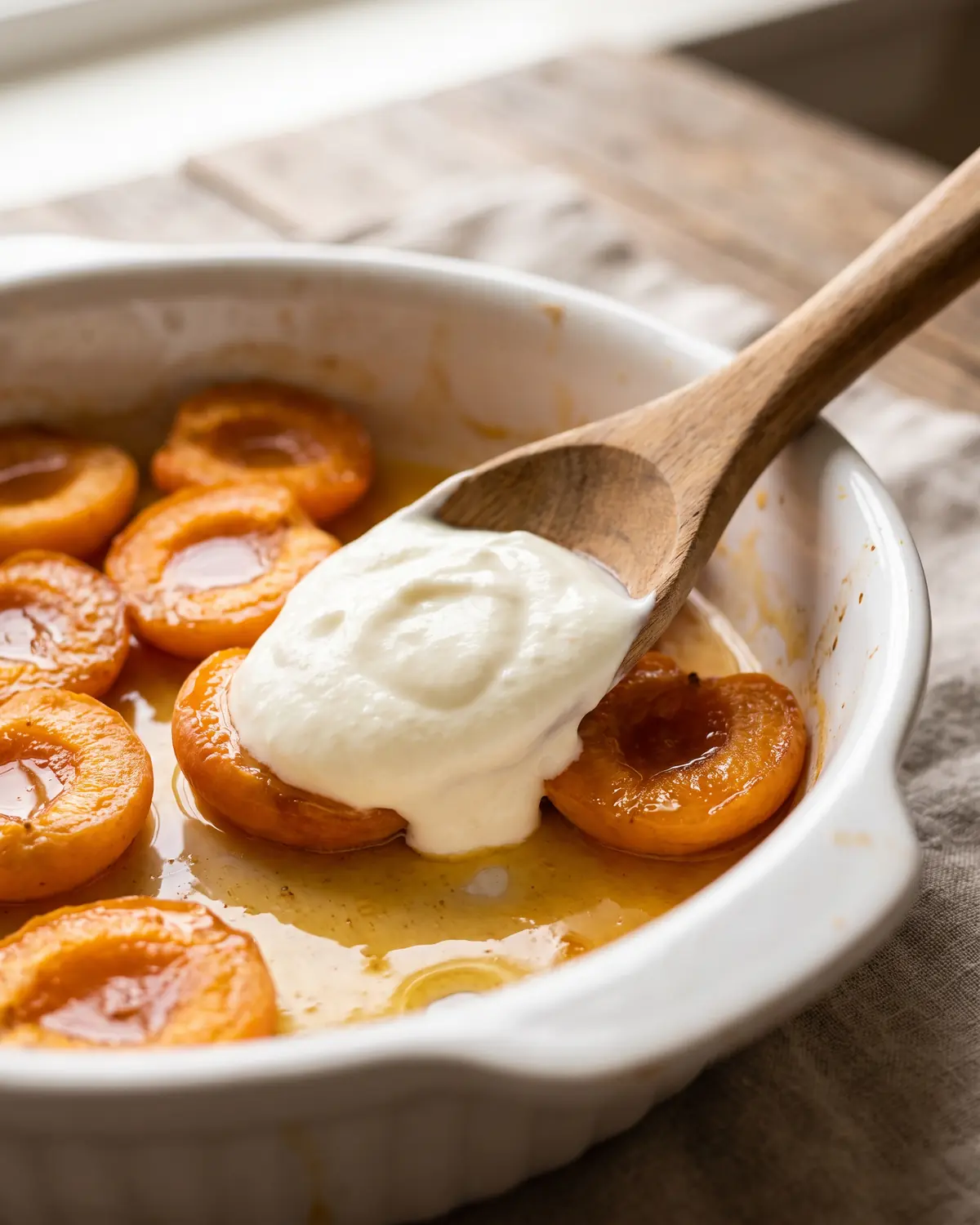 Cucharada de yogur cremoso sobre albaricoques asados con jugos dorados en una pieza de cer&aacute;mica blanca.