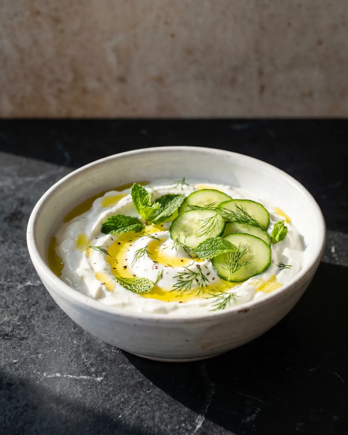 Cuenco blanco con yogur salado, pepino laminado y menta sobre una superficie de m&aacute;rmol negro mate.