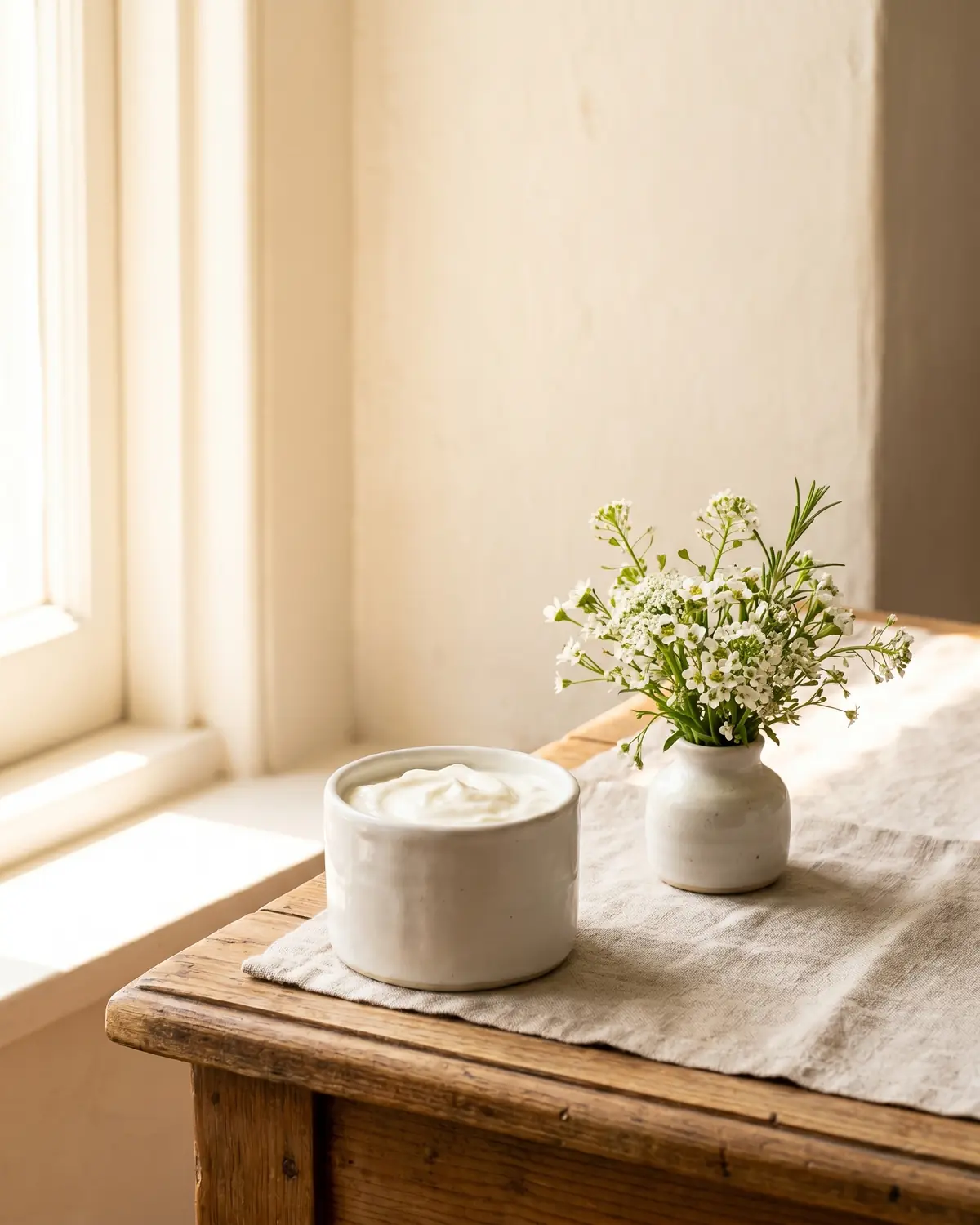 la casa del yogur Taza de yogur casero junto a flores pequeñas y una ventana luminosa sobre un fondo claro.