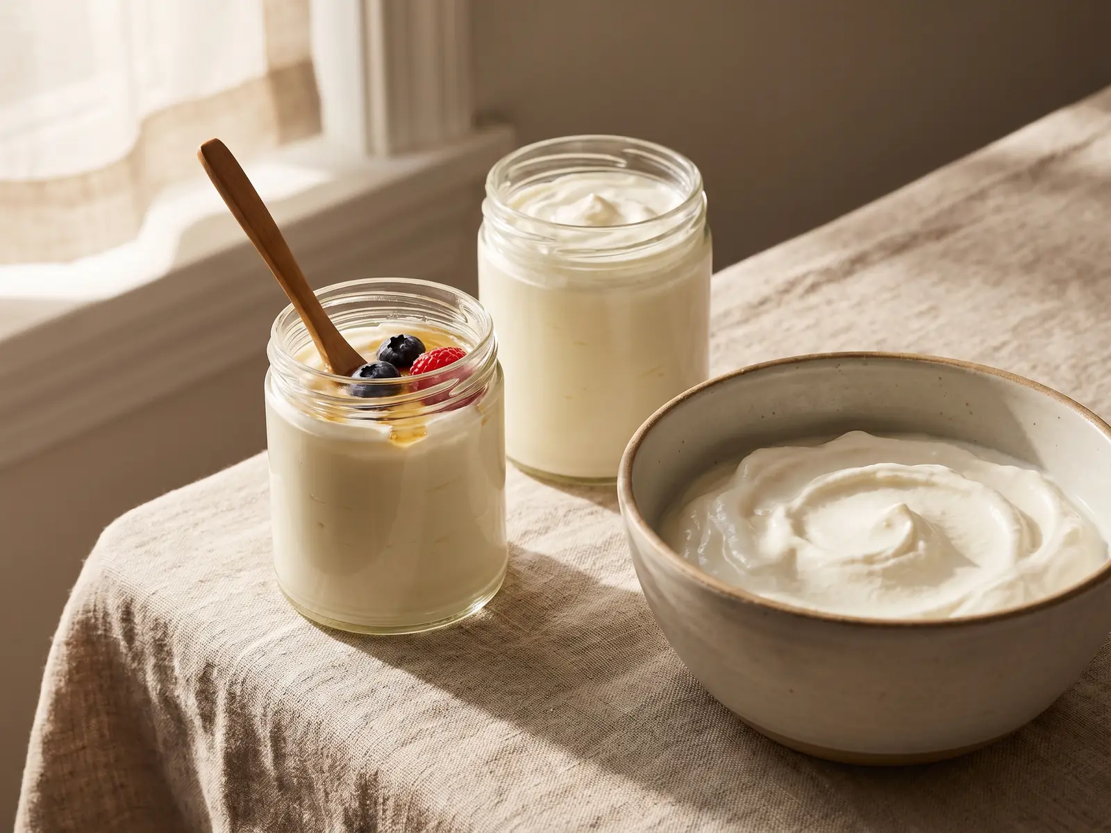 Tarro de vidrio y cuenco blanco con yogur sobre mantel crudo en una escena sencilla y natural.